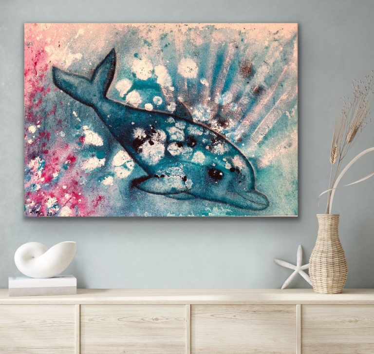 Babydelfin für Lebensfreude, Acryl + Struktursand, 50x70, verkauft