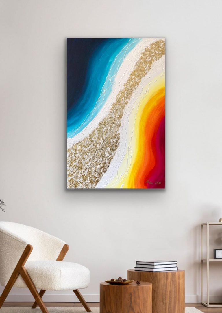 Füllegoldfluss Yin & Yang, Acryl + Struktursand + Blattgoldfolie, 90x60, verkauft