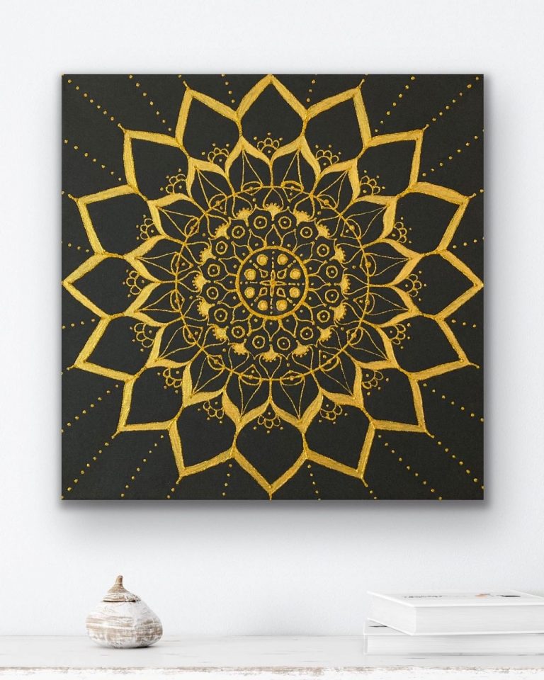 Goldene Blume der Entfaltung und Meisterschaft, metallic Acrylgold + Glitzerpen, 40x40, verkauft