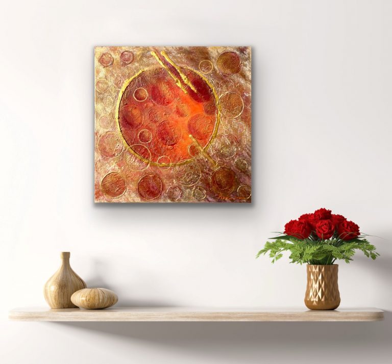 Goldener Feuermond, Acryl + Struktursand, 40x40, 333€