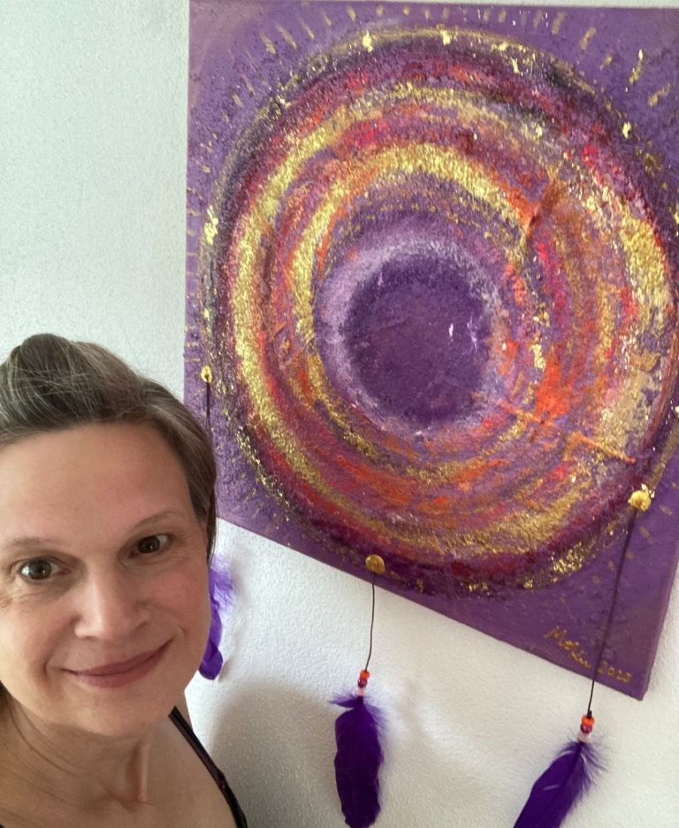 Traumfänger, Acryl + Struktursand + Blattgoldfolie, 40x40, 333€