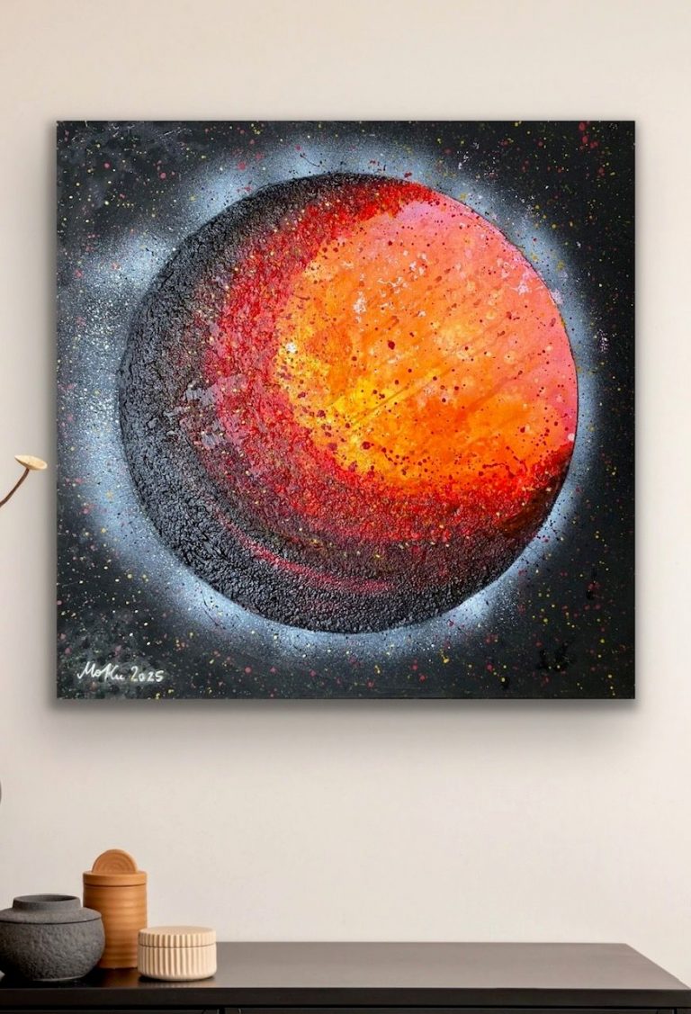 Feuerball - Dein Universum, Acryl + Struktur + Spray, 50x50, verkauft
