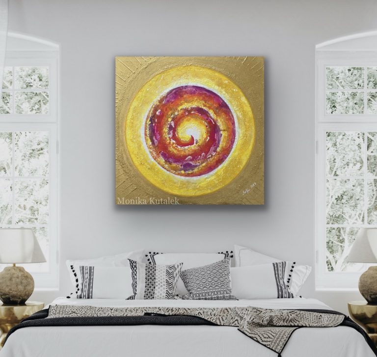 Spirale der puren Lebensfreude, Acryl + Goldglitter, 80x80, verkauft